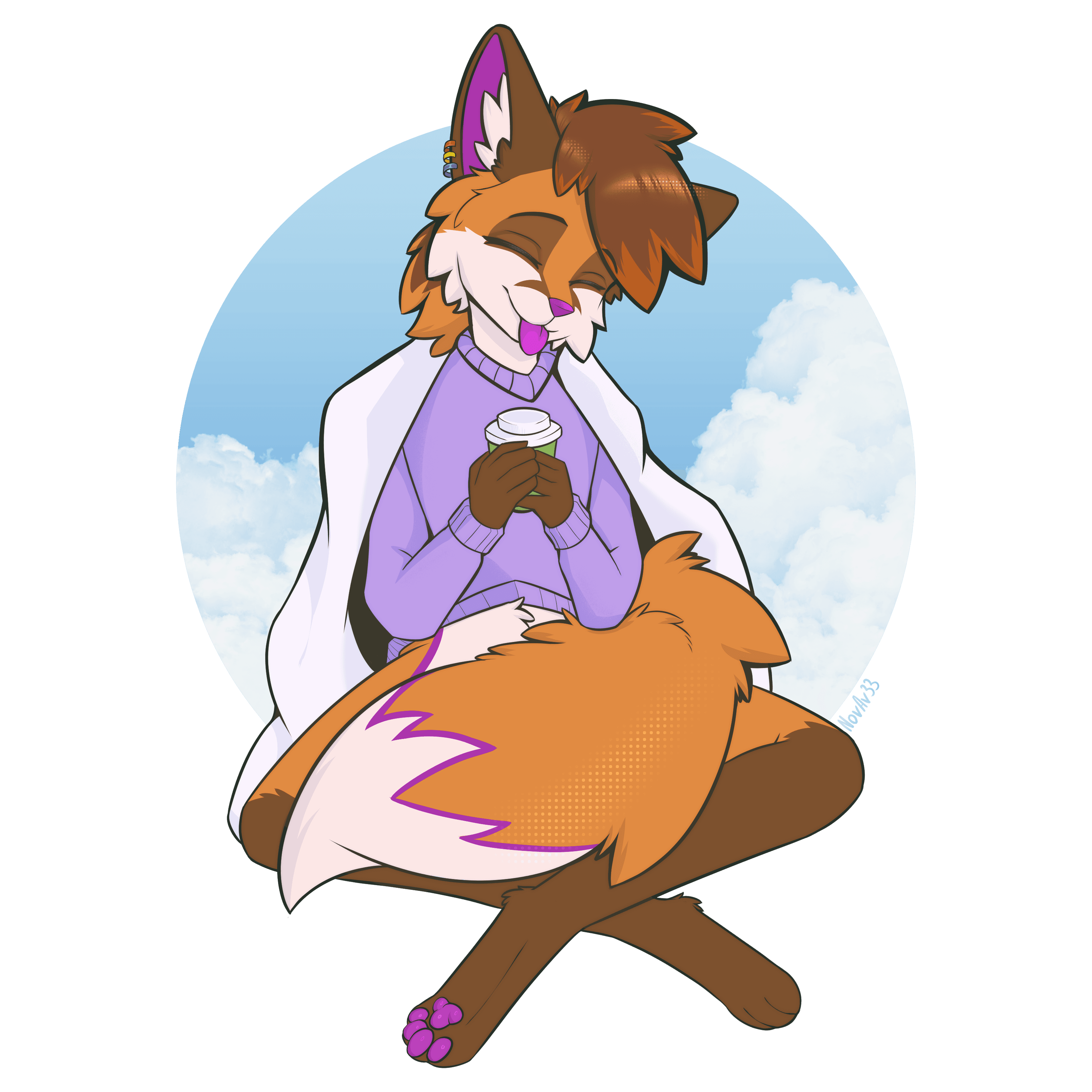 MochaFox drinking a cup of coffee and wearing a scarf