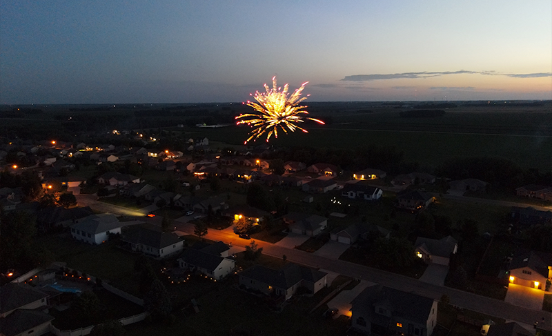 An arial photograph of a firework taken by drone