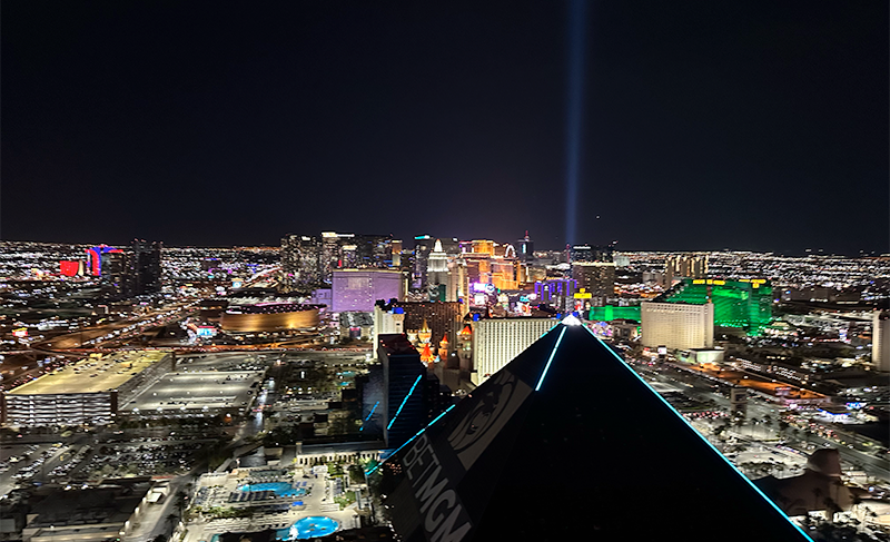 A night shot of the Las Vegas strip from the top of a hotel
