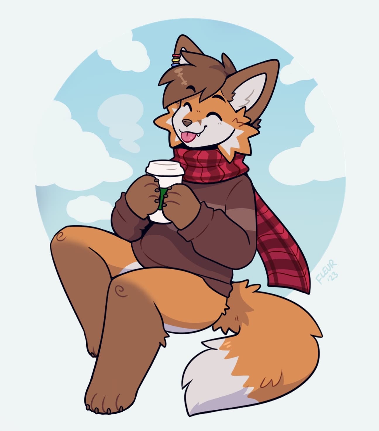 MochaFox drinking a cup of coffee and wearing a scarf